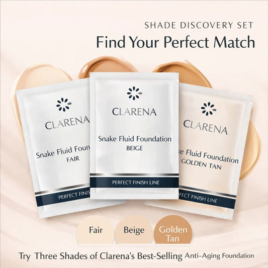 Clarena Snake Fluid Foundation sample set featuring Fair, Beige, and Golden Tan shades designed to help find the perfect foundation color