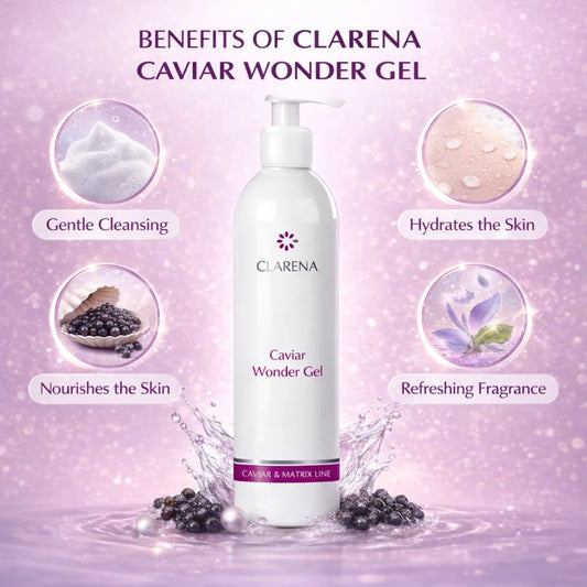 Clarena Caviar Wonder Gel benefits showing gentle cleansing hydration nourishment and refreshing fragrance for soft smooth skin