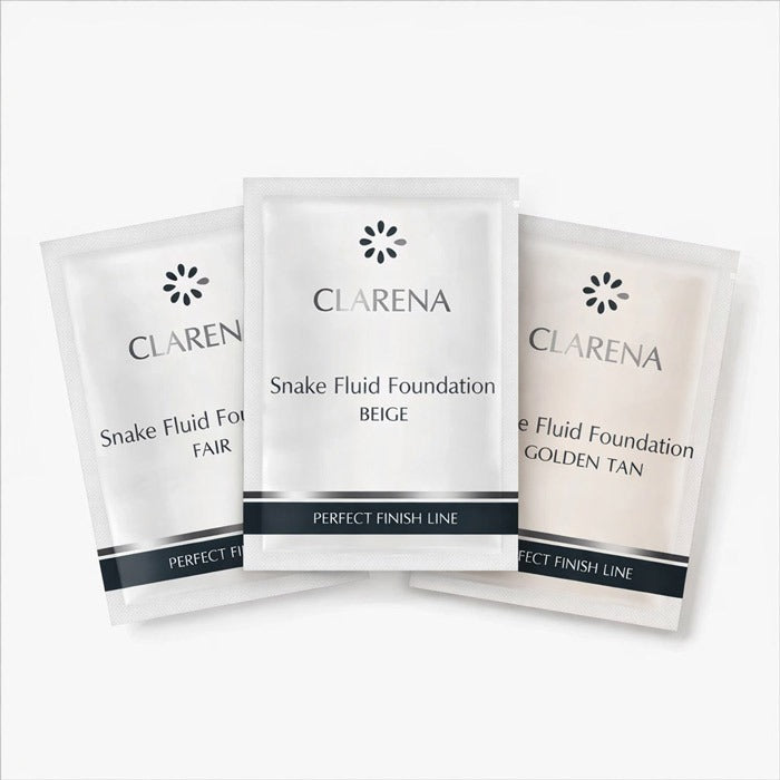 Clarena Snake Fluid Foundation shade discovery set with three sample sachets in Fair, Beige, and Golden Tan on a neutral background