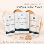Clarena Snake Fluid Foundation sample set featuring Fair, Beige, and Golden Tan shades designed to help find the perfect foundation color