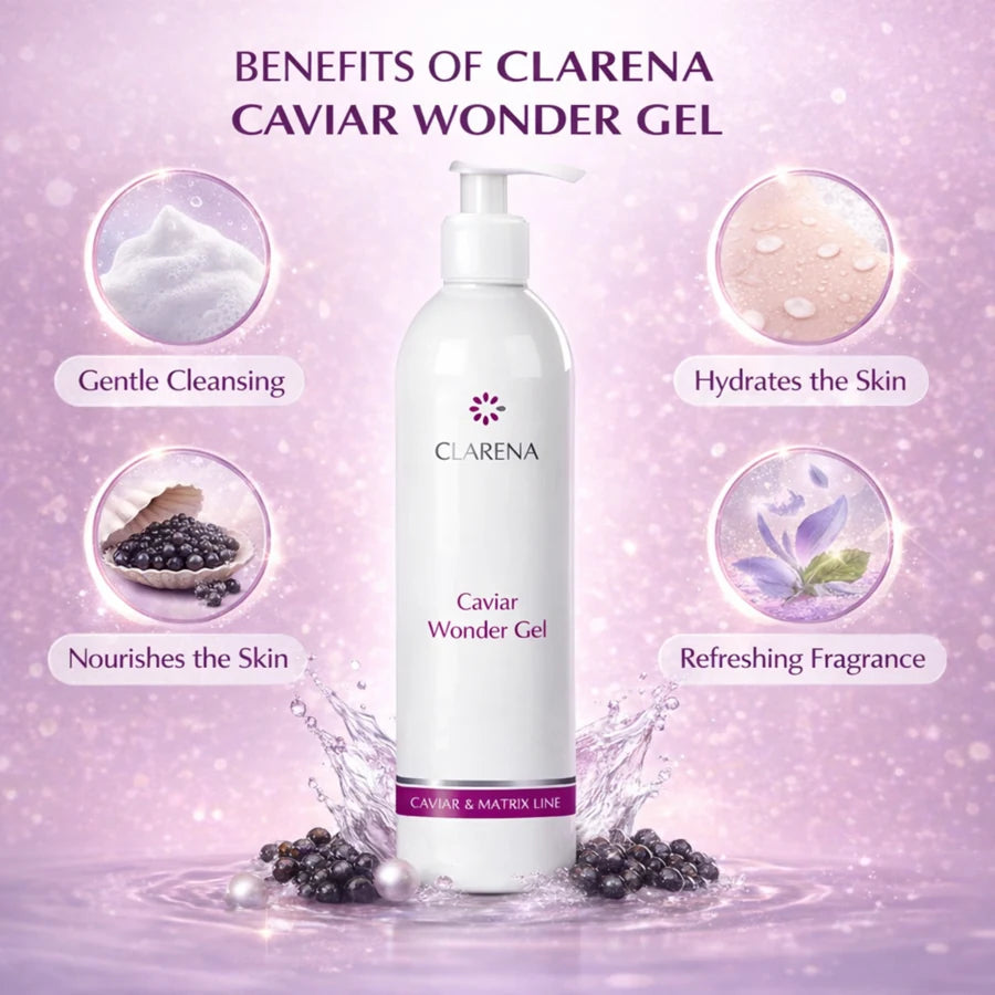 Clarena Caviar Wonder Gel benefits showing gentle cleansing hydration nourishment and refreshing fragrance for soft smooth skin