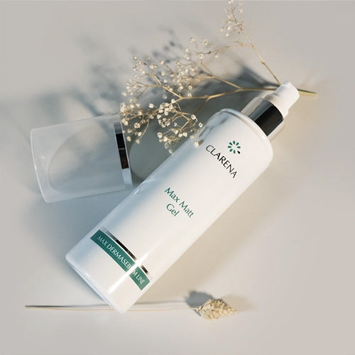 Clarena Max Matt Gel bottle on a light background with decorative elements